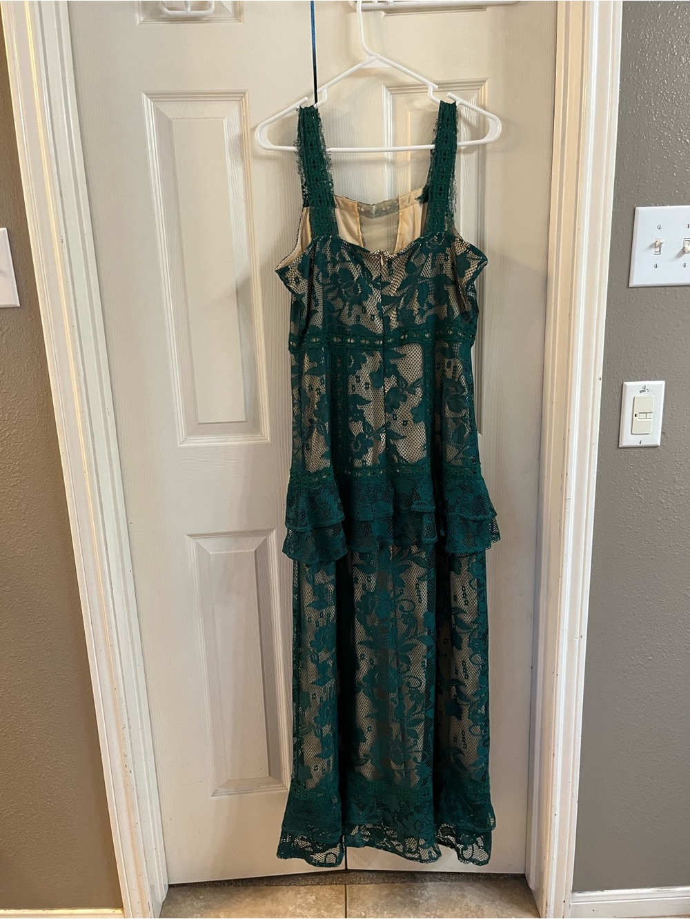VENUS Forest Green Lace Maxi Dress with Nude Lining